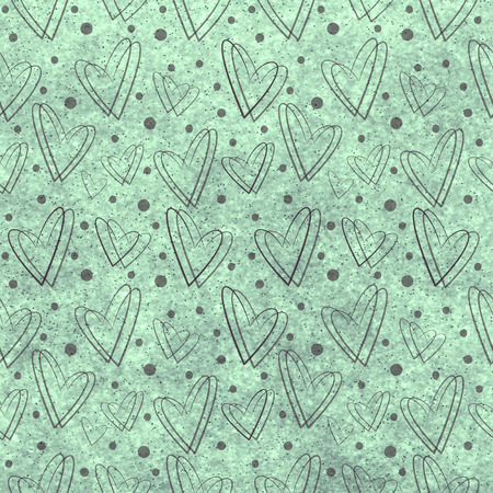 Drawn green watercolor background with hearts and dots.の写真素材