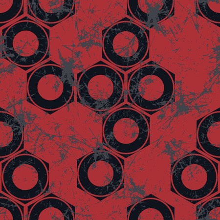 Vector seamless patterns with mechanism of screw nuts. Creative geometric black and red grunge backgrounds. Texture with cracks, ambrosia, scratches, attrition. Graphic illustration.のイラスト素材