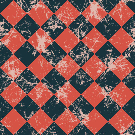 Seamless vector pattern. Creative geometric checkered black and red background with rhombus. Texture with attrition, cracks and ambrosia. Old style vintage design. Graphic illustration.のイラスト素材