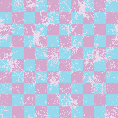 Seamless vector pattern. Creative geometric checkered blue and pink background with squares. Texture with attrition, cracks and ambrosia. Old style vintage design. Graphic illustration.のイラスト素材