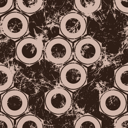 Vector seamless patterns with mechanism of screw nuts. Creative geometric brown grunge backgrounds. Texture with cracks, ambrosia, scratches, attrition. Graphic illustration.のイラスト素材