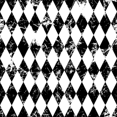 Seamless vector pattern. Creative geometric black and white background with rhombus. Grunge texture with attrition, cracks and ambrosia. Old style vintage design. Graphic illustration.のイラスト素材