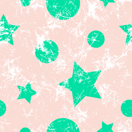 Seamless vector pattern. Creative geometric pink and green background with stars and circles. Grunge texture with attrition, cracks and ambrosia. Old style vintage design. Graphic illustration.のイラスト素材