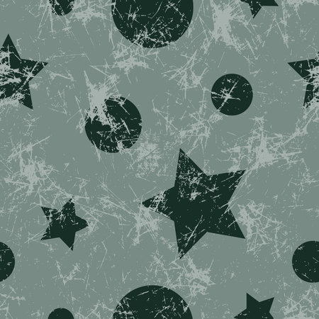 Seamless vector pattern. Creative geometric gray background with stars and circles. Grunge texture with attrition, cracks and ambrosia. Old style vintage design. Graphic illustration.のイラスト素材