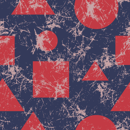 Seamless vector pattern. Creative geometric blue and red background with geometric figures. Grunge texture with attrition, cracks and ambrosia. Old style vintage design. Graphic illustration.のイラスト素材