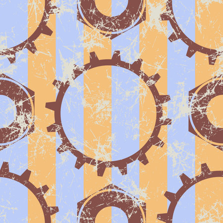 Vector seamless patterns with mechanism of watch. Creative geometric beige grunge backgrounds with gear wheel. Texture with cracks, ambrosia, scratches, attrition. Graphic illustration.のイラスト素材