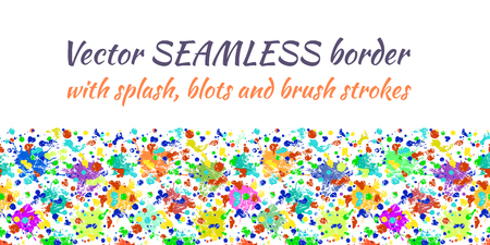 Vector seamless pattern with watercolor ink blots, splash and brush strokes. Horizontal banner, seamless border. Colorful creative artistic background. Series of Drawn Vector  Blots, Brush, Strokes.のイラスト素材