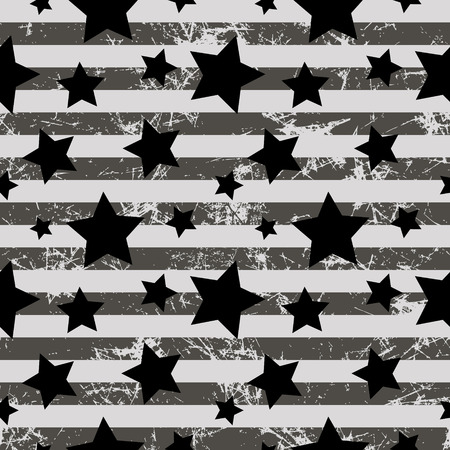 Seamless vector pattern. Creative geometric gray background with stars and stripes. Texture with attrition, cracks and ambrosia. Old style vintage design. Graphic illustration.のイラスト素材