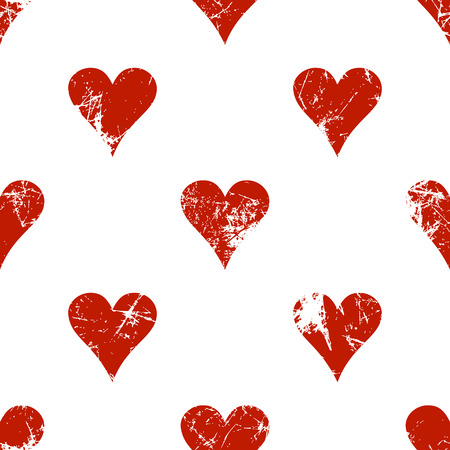 Vector seamless patterns with icons of playings cards. Creative geometric red and white grunge backgrounds. Texture with cracks, scratches, attrition. Series of Gaming, Gambling Seamless Patterns.のイラスト素材