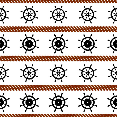 Vector seamless pattern with steering wheel and rope. Creative geometric symmetrical background, nautical theme. Graphic illustration.のイラスト素材