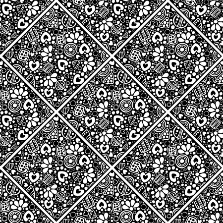 Seamless vector decorative hand drawn pattern. Black and white ethnic endless background with ornamental decorative elements with traditional motives, geometric figures, dots and flowers.のイラスト素材