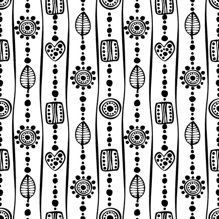 Seamless vector decorative hand drawn pattern. Black and white geometric endless background with ornamental decorative elements with ethnic, traditional motives.のイラスト素材