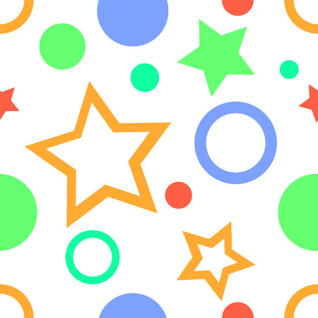 Seamless vector geometrical pattern. Endless background with geometric colorful figures, stars and circles on the white backdrop.のイラスト素材