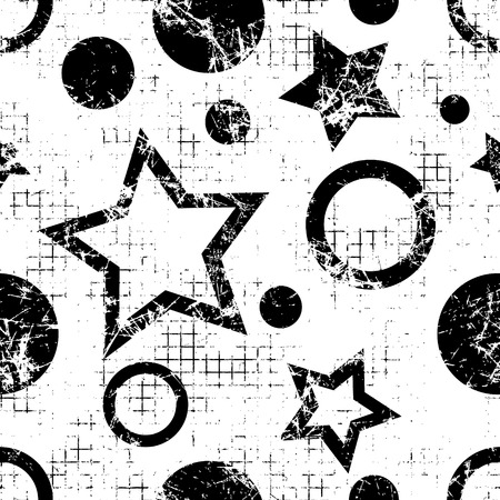 Seamless vector geometrical pattern. Endless black and white background with geometric figures, stars and circles on the white backdrop. Checkered texture with cracks, attrition, dots.のイラスト素材