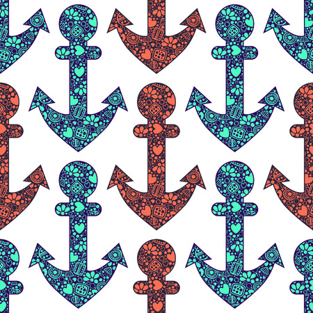 Seamless vector decorative hand drawn pattern with anchor. Colorful endless background with ornamental decorative elements with traditional motives.のイラスト素材