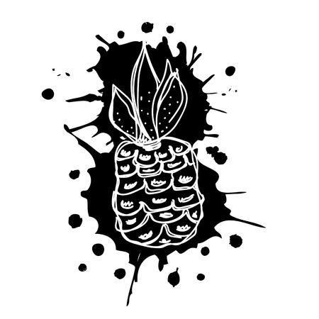 Vector hand drawn black and white fruits illustration of pineapple with splash and drop, isolated on the white background. Line drawing, Series of Artistic, Ornamental vector Illustration.のイラスト素材