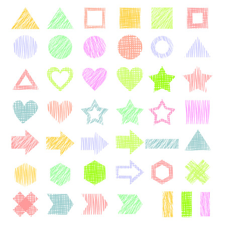 Vector set of different hand drawn colorful geometric figures, pencil drawing.  Series of vector elements for design.のイラスト素材