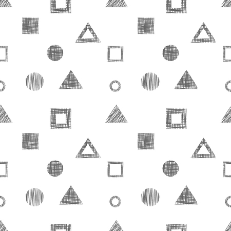 Seamless vector black and white geometrical pattern. Endless background with different hand drawn geometric figures.のイラスト素材