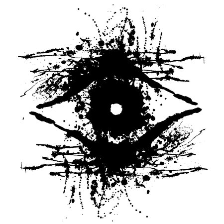 Vector hand drawn eye. Artistic creative black and white graphic illustration with inc splash, blots and smudge isolated on the white background.のイラスト素材