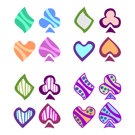 Vector set of playing card symbols. Hand drawn decorative colorful icons isolated on the backgrounds. Graphic vector illustration.のイラスト素材