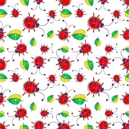 Seamless vector pattern with insect. Cute hand drawn endless background with childish ladybugs and leaves. Series of Doodle, Cartoon and Sketch vector seamless patterns.のイラスト素材