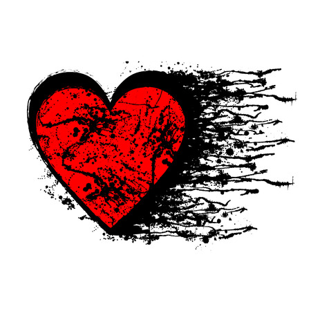 Vector black and red graphic illustration of sign of heart with ink blot, brush strokes, isolated on the white background. Series of artistic illustration with splash, blots and brush strokes.のイラスト素材