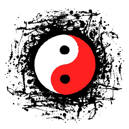 Vector black, white, red graphic illustration of sign of Yin Yang with ink blot, brush strokes, isolated on the white background. Series of artistic illustration with splash, blots and brush strokes.のイラスト素材