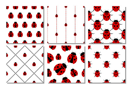Set of seamless vector patterns with insects, different backgrounds with bright ladybug.Graphic illustration. Series of sets of vector seamless patterns.のイラスト素材