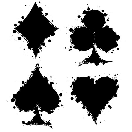 Vector set of black and white graphic illustration of sign of playig card with ink blot, brush strokes, isolated on the white. Series of artistic illustration with splash, blots and brush strokes.のイラスト素材