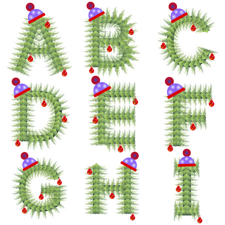 Vector set of holiday font. Winter alphabet letter. Green stylized fir-tree figure with Christmas decorations, cap. Series of Letters, Numbers and Symbols. New Year collection.のイラスト素材