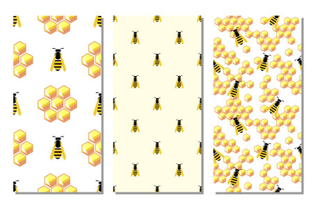 Set of seamless vector pattern with insects, different bright backgrounds with honeycombs and wasps....