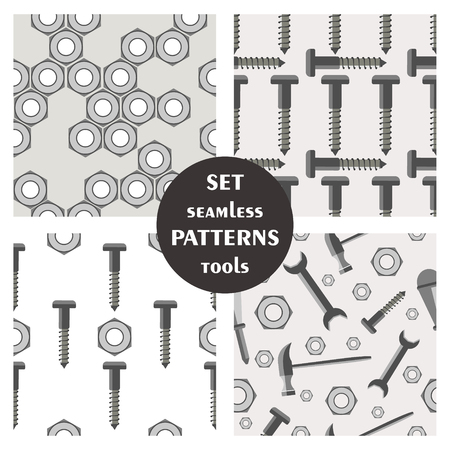 Set of seamless vector patterns with tools. Different backgrounds with screws and nuts. Graphic illustration. Series of sets of vector seamless patterns.のイラスト素材