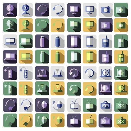 Set of vector technology flat icons of PC, monitor, headphones, router, battery, USB flash drive, web camera.のイラスト素材