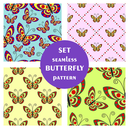 Set of seamless vector pattern with insects, different bright backgrounds with  butterflies.Graphic illustration. Series of sets of vector seamless patterns.のイラスト素材