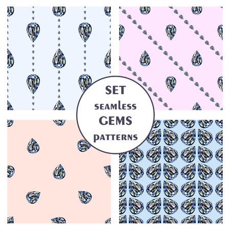 Set of seamless vector patterns, different abstract background with bright gemstones in the shape of drops. Graphic illustration. Series of sets of vector seamless patterns.のイラスト素材