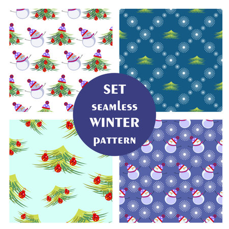 Set of seamless vector patterns. Seasonal winter different background with fir tree, snowmen and snowflakes. Graphic illustration. Series of sets of vector seamless patterns.のイラスト素材