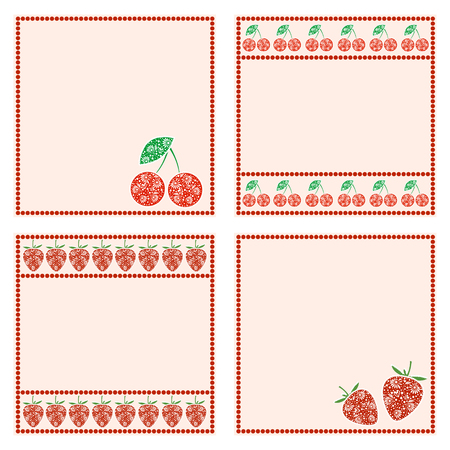 Vector set of cards with berries. Empty square form with ornamental strawberry, cherry and border with dots. Decorative frames. Series of vector Cards, Blanks and Forms.のイラスト素材