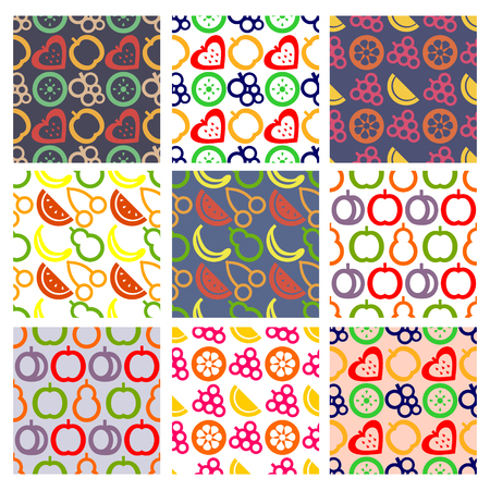 Vector set of seamless patterns with fruits. Different colorful backgrounds with cherry, apple, pear, strawberry, blackberry, orange, watermelon, grape. Series of Fruits Vector Seamless Patterns.のイラスト素材