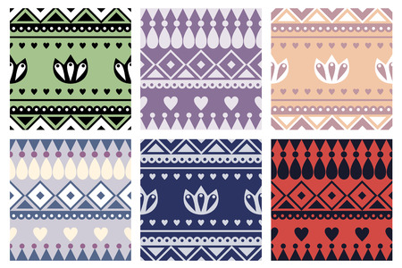 Set of seamless vector geometric colorful patterns with ornamental elements,endless background with ethnic motifs. Graphic illustration. Series- sets of vector seamless patterns.のイラスト素材