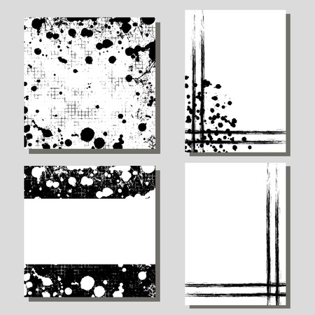 Set of hand drawn artistic cards. Vector black and white backgrounds for cover. Grunge drawn template with splash, spray, blots, spatter, stain, attrition, cracks. Graphic illustration. A4 format sizeのイラスト素材