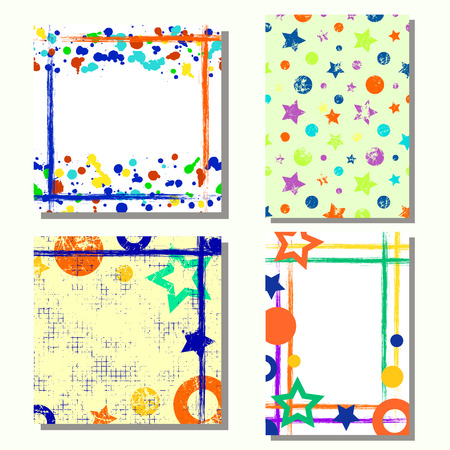Set of hand drawn artistic cards. Vector geometrical backgrounds for cover. Grunge drawn template with splash, spray, blots, spatter, stain, attrition, cracks. Graphic illustration. A4 format sizeのイラスト素材