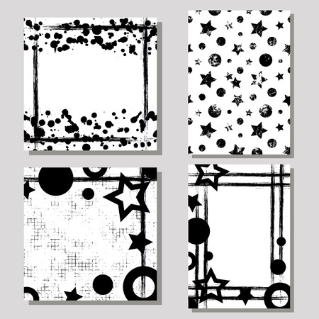 Set of hand drawn artistic cards. Vector black and white geometrical backgrounds for cover. Grunge drawn template with splash, blots, spatter, attrition, cracks. Graphic illustration. A4 format sizeのイラスト素材