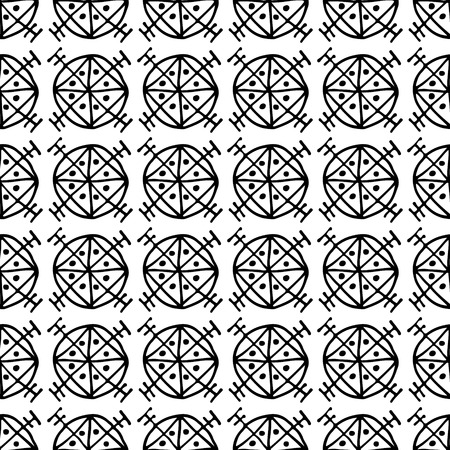 Seamless vector pattern. Black and white geometrical background with hand drawn decorative elements. Graphic illustration. Series of Hand Drawn Simple Geometrical vector Patterns.のイラスト素材
