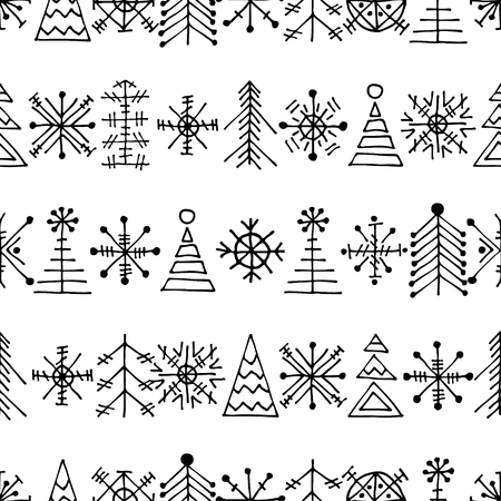 Seamless vector pattern with christmas tree and snowflakes. Black and white winter background with decorative hand drawn fir tree. Graphic illustration. Series of winter seamless vector patterns.のイラスト素材