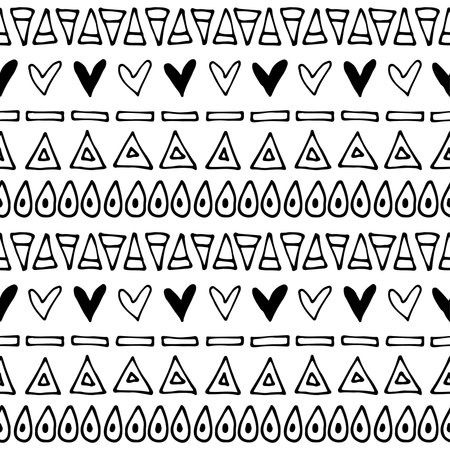 Seamless vector pattern. Black and white geometrical background with hand drawn little decorative...