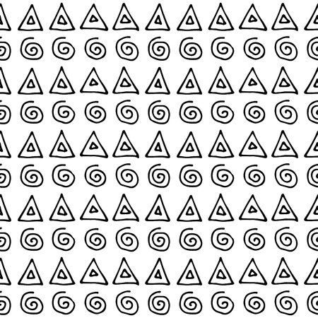 Seamless vector pattern. Black and white geometrical background with hand drawn little decorative elements, spiral, triangles Print with ethnic, folk, traditional motifs. Graphic vector illustration.のイラスト素材