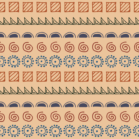 Seamless vector pattern. Brown geometrical background with hand drawn little decorative elements. Print with ethnic, folk, traditional motifs. Graphic vector illustration.のイラスト素材