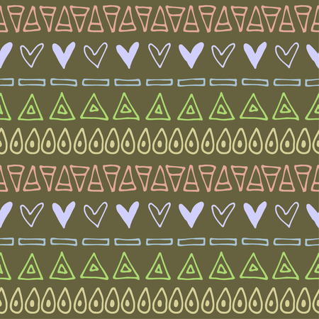 Seamless vector pattern. Brown geometrical background with hand drawn little decorative elements. Print with ethnic, folk, traditional motifs. Graphic vector illustration.のイラスト素材
