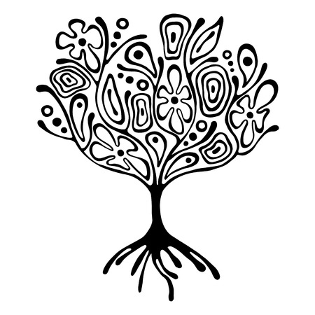 Vector hand drawn illustration, decorative ornamental stylized tree. Black and white graphic illustration isolated on the white background. Inc drawing silhouette. Decorative artistic ornamental woodのイラスト素材