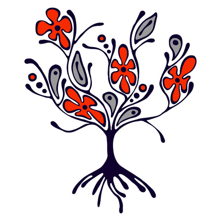 Vector hand drawn illustration, decorative ornamental stylized tree. Red and blue graphic illustration isolated on the white background. Inc drawing silhouette. Decorative artistic ornamental woodのイラスト素材
